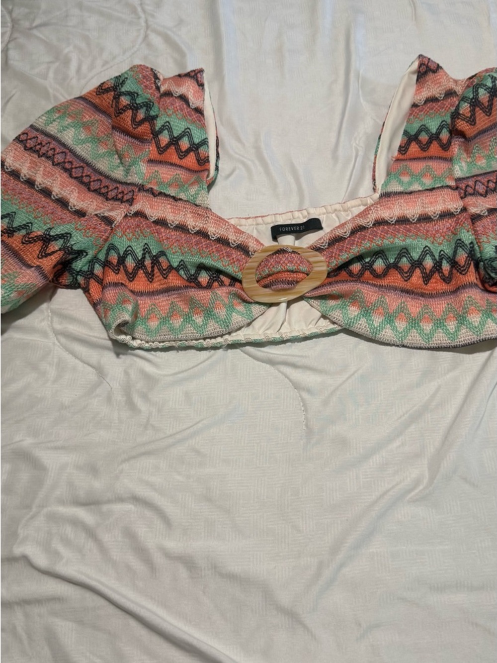 River Island Coral Mint Patterned Crop Top with Ring Detail - Picture 2 of 5
